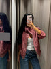 Women Suede Short Jacket Loose Red Stand Collar Long Sleeve Zipper Coat Autumn High Street Lady Outerwears