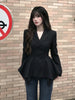Elegant Autumn Unique Black Blazer Jacket Women Korean Double Breasted Waist Cinched Irregular Hem Office Casual Outfit