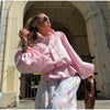 Shiny Stand Collar Short Jacket Women Puff Sleeve Drawstring Waist Cinching Pleated Jackets Autumn Causal Lady Outerwear