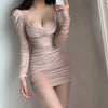 Sexy Style Low Vut V-neck Pleated Dress For Women Spring Autumn Slimming Buttocks Long Sleeved Pink Mini Hip Wrap Dresses
