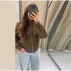 Women's Cropped Bomber Jacket Stand Collar Zipper Patch Pocket Rib Trim Long Sleeve Short Coat Vintage Autumn Casual Outfit