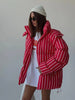 Winter Women Striped Hooded Cotton Jacket Long Sleeve Stand Zipper Buttons Thickening Padded Jackets Casual Office Lady Coat