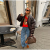 Warm V-Neck Thick Leather Short Jacket Woman Long Sleeves Loose Versatile Coats Casual Street Women's Autumn Winter Jackets