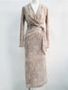 Women Silk Pendant Ink Color Midi Dress V-Neck Slim Wrapped Tie Waist Long Dresses for Ladies