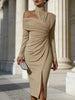 Elegant Hight Waist Draped Bodycon Dresses High Collar Split Midi Dress Women Casual Long Sleeve Solid Slim Party Dress