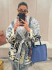 Jacquard Fringe Belted Wrap Knit Cardigan Lapel All Over Pattern Raw Fringe Autumn Winter Commute Lady Women Casual Coat