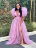 Women Cascading Ruffles Shoulder High Side Split Mesh Patchwork Maxi Long Dress sexy even Party Vestidos Dresses