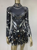 Women Sparkly Sequins Mirror Long Sleeve Mesh Sexy Mini Dress Night Party Club Dancer Performance Celebrity Stage Outfit