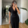 Elegant Printed Satin Long Dress Women Slim Lace Up V-neck Full Sleeve Pleat Dresses Autumn Lady Party Evening Robes