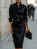 Elegant Temperament Satin Shirt Dress for Women Spring Solid Long-sleeved Blouse Dress Casual Office Lady Midi Dresses