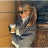 Woolen Dark Blue Jacket Women Autumn Single Breasted Stand Collar Loose Female Coat Office Lady Street Short Outwear Tops