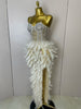 Stock Women Sexy Sparkly Rhinestone Mesh Feather Long Dress Elegant Evening Party Celebrate Birthday Performance Costume