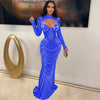 Women Mesh See Though Diamonds Rhinestones Cutout Front Long Sleeve Sexy Party Club Evening Prom Maxi Long Dress