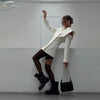 Cold Shoulder Blazer Women Elegant Double Breasted V-neck Long Sleeve Waist-Closed Jackets Spring Streetwear Lady