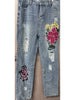 Women's Floral Embroidery Jeans Hollow Out Ripped Pearl Decor Y2K Vintage Mori Girl Denim Trousers Retro Pencil Jeans
