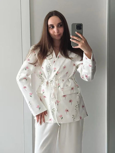 Flowers Print Loose Suit Collar Coat For Women Elegant Belted Waist Cinching Suit Jacket Female Street Chic Top