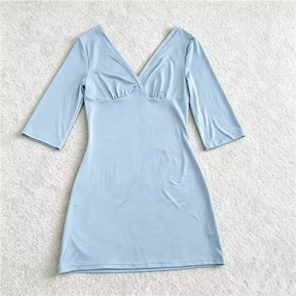 Women Y2K Twist V Neck Bodycon Mini Dress Slim Mid Sleeve Solid Color Casual Tee Dress Date Vacation Outfit