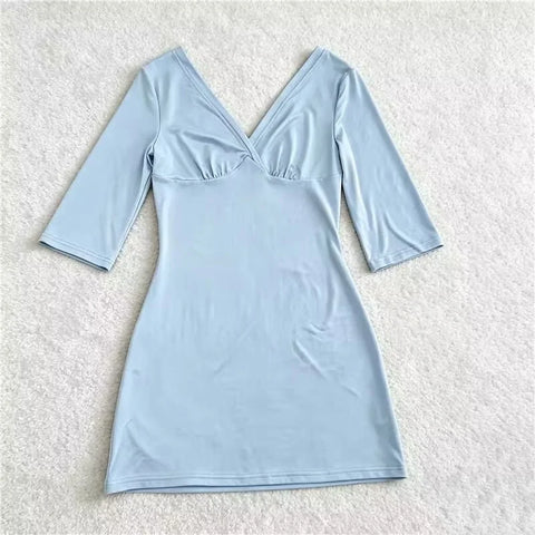 Women Y2K Twist V Neck Bodycon Mini Dress Slim Mid Sleeve Solid Color Casual Tee Dress Date Vacation Outfit