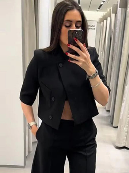 Elegant Solid Crop Blazer Jacket Women Chic Half Sleeves Lapel Loose Short Single Button Coat Lady Daily Street Outerwear