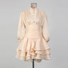 Elegant Pink High Neck Organza Fabric Mini Dresses for Women Puff Sleevs Ruched Waist Tiered Ruffles for Cocktail Parties