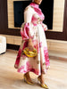 Dashiki African Dresses for Women Flower Printed Stand Collar Elegant Evening Maxi Dress Puff Sleeves Pleated Party A-Line Dress