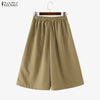 Women's Casual Wide-Leg Pants Elastic Back Waist Solid Loose Mid-Calf Length Trousers Streetwear Cropped Pant