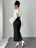 Women Maxi Dress Bell Sleeve Color Block Satin Bodycon Casual Dresses Elegant Spring Sexy Evening Wedding Guest Party Date Dress