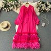Autumn Dress For Women Fashinon Chiffon Long Sleeved Artificial Feathers Elegant Female Dresses 5R9799