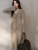 Elegant French V-Neck Knit Dress Women Long Sleeve Elastic Maxi Dress Asymmetrical Design Belted Long Dress for Autumn Winter