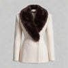 Women Big Faux Fur Lapel V‑Neck Wool Blend Blazer Jacket Double Button Fitted Waist Long Sleeve Elegant Outerwear Coat
