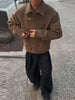 Brown Suede Toggle Coat For Women Casual Lapel Long Sleeve Gold Buckle Cropped Jacket Lady Spring Chic Streetwear