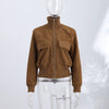 Vintage Faux Suede Jackets Women's Slim Full Sleeves Zipper Stand Collar Cropped Coats Ladies Autumn Solid Streetwear