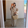 Striped Long Pants Set Color Block Turn Down Collar Three Quarter Sleeve Shirt Wide Leg Bottoms Casual Chic Women Outfits