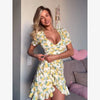 Women Elegant Flora Painted Ruffle Mini Dress Chic Full Sleeve Deep V-neck Slim A-line Dresses Lady Vacation Street Gowns
