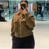 Women's Cropped Bomber Jacket Stand Collar Zipper Patch Pocket Rib Trim Long Sleeve Short Coat Vintage Autumn Casual Outfit