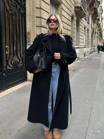 Elegant With Belt Black Long Coat For Women Oversize Woolen Double Button Lapel Overcoat Autumn Lady High Street Outerwear
