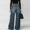 Women Faux Denim Wide Leg Pants High Waist Floral Print Eyelet Hole Decor Loose Baggy Trousers Vintage Street Long Pants