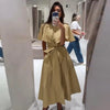 Lapel Cape Sleeve Lace Up Long Sleeve Women Elegant Epaulet Oversized Waist Cinching Pleated Shirt Dresses Chic Ladies Partywear