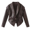 Women Leather Bomber Jackets Coats With Belt Notched Shoulder Pads Motorcycle Street Chic Short Outwear Solid Lace Up