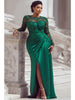 Women's Plus Size Satin Mermaid Evening Dress Lace Sleeve Ruched Waist Formal Maxi Dress with High Slit for Wedding Guest Prom
