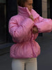 Women High Stand Collar Solid Puffer Jacket Elastic Cinched Waist Peplum Hem Zip Back Thick Padded Coat Warm Winter Street Coats
