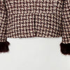 Women Stand Collar Tweed Jacket Elegant Long Sleeve Faux Fur Cuffs Coat Spring Single Breasted Outerwear Street