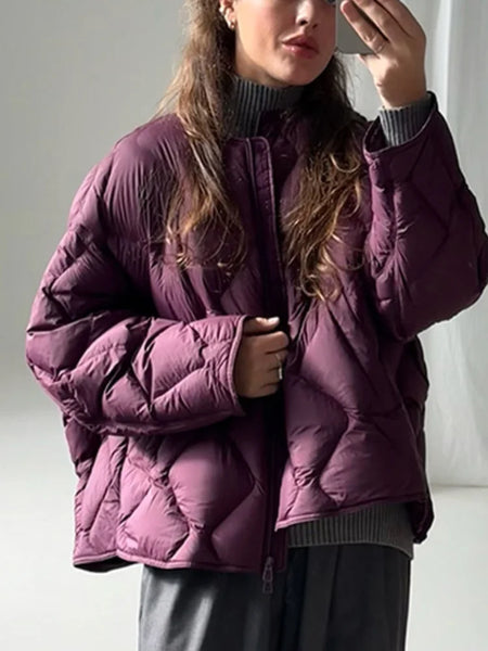 Quilted Round Neck Solid Puffer Coat Zip-Up Oversized Winter Women Padded Jacket Versatile Casual Lady Cotton-Padded Coat