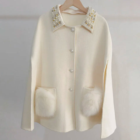 Winter Women Loose Wool Blended Poncho With Real Fox Fur Trim Female Long Genuine Fur Trim Wool Coat