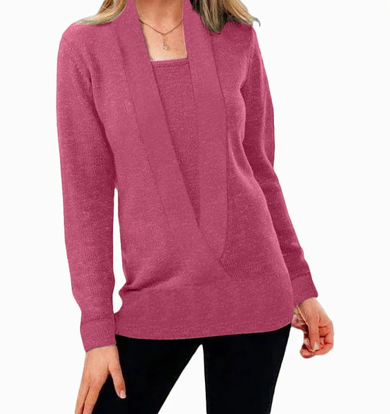 knitted pure color deep V-neck long-sleeved fake two-piece sweater women's jacket