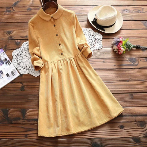 Spring Autumn Women Mini Kawaii Dress Peter Pan Collar Solid Long Sleeve Casual Dresss Vintage Female Elegant Corduroy Dress