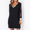 Dresses For Women Elegant Shiny Mesh Stitching Long Sleeve Robe Solid Color V Neck Mini Dress Evening Party Dresses Vestido