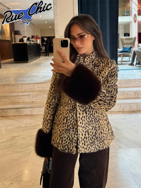 Women Chic Cropped Leopard Faux Fur Coat Contrast Black Fur Collar Cuff Button Short Furry Coats Lady Winter Chic Streetwear