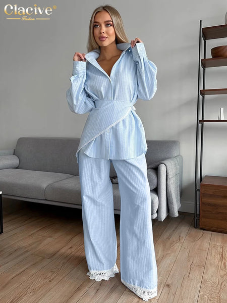 Loose Blue Stripe Women's 3 Pieces Set Elegant Long Sleeve Shirt + Corset With High Waist Wide Pants Set