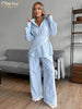 Loose Blue Stripe Women's 3 Pieces Set Elegant Long Sleeve Shirt + Corset With High Waist Wide Pants Set